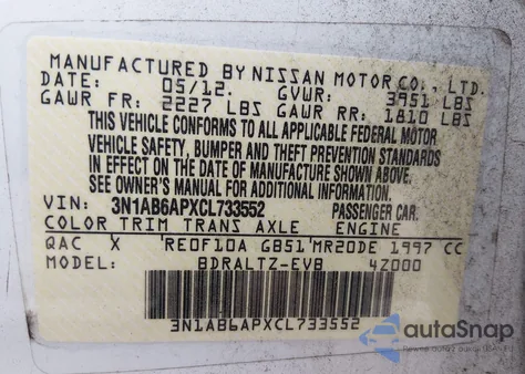 2012 Nissan Sentra 2.0 S z USA, uszkodzony, nr VIN 3N1AB6APXCL733552